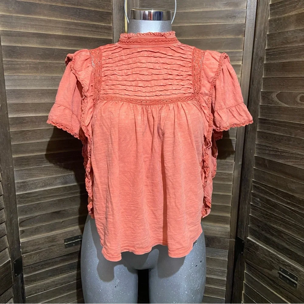 Free people Le Femme Boho Ruffled Peasant Blouse Top Oversized XS Milkmaid Mock